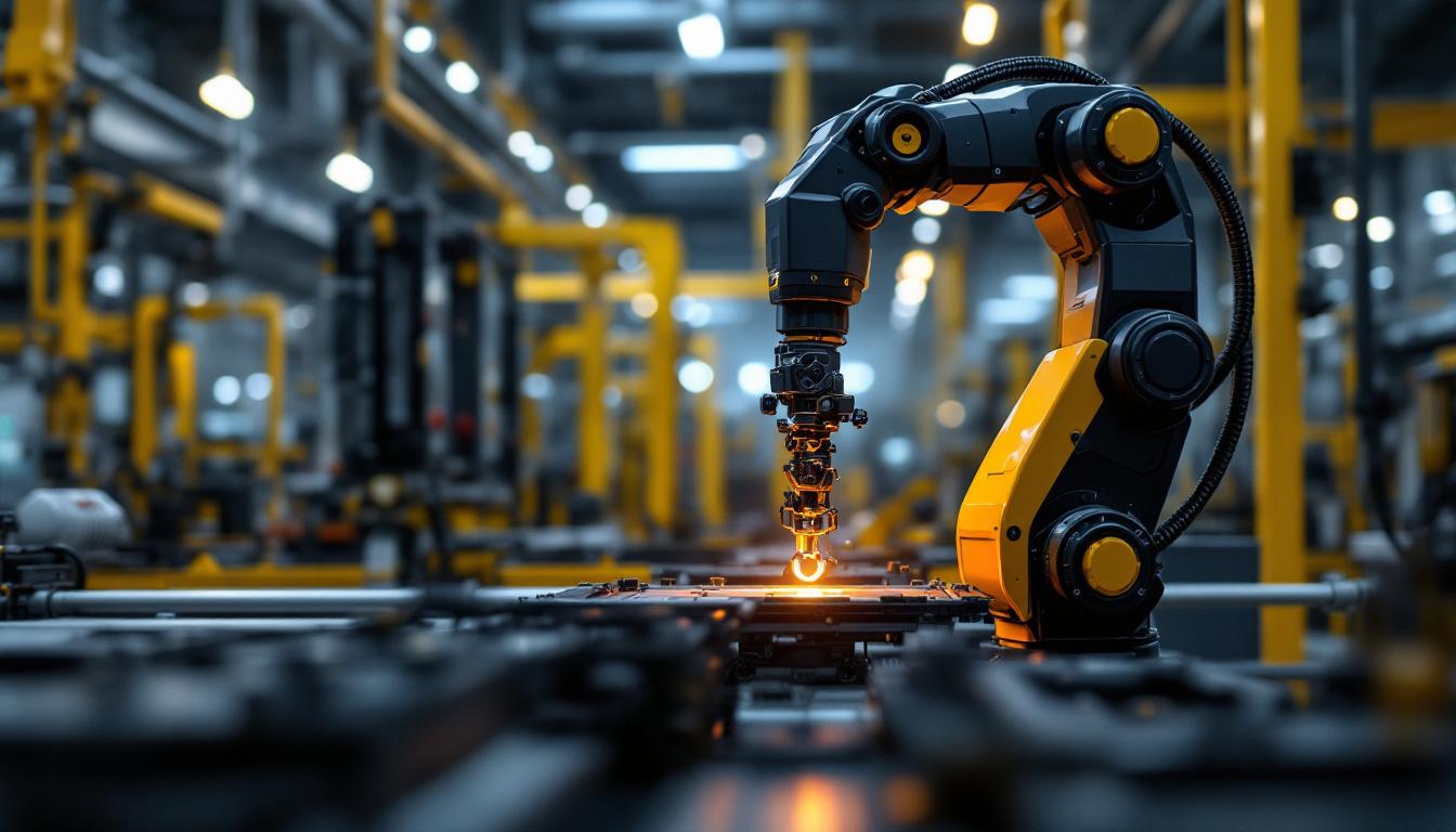 A photograph of a sleek industrial robotic arm in action within a modern manufacturing environment