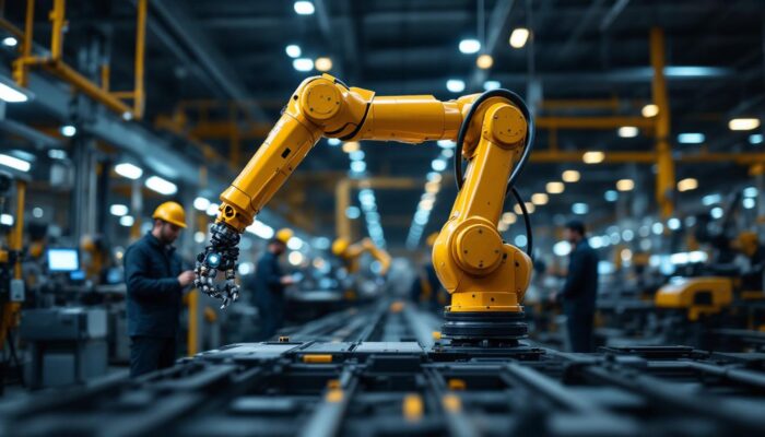 A photograph of a sleek industrial robotic arm in action within a modern manufacturing environment