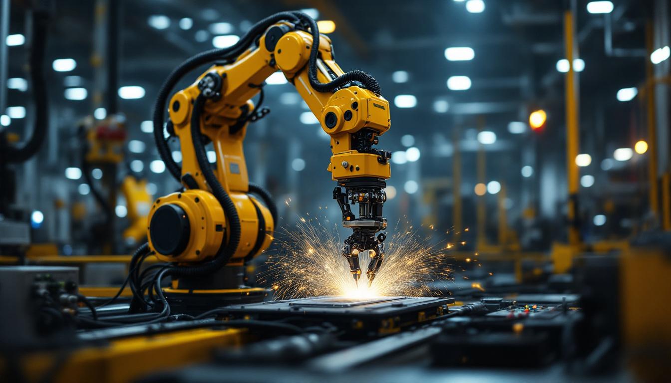 A photograph of a dynamic industrial setting featuring a robotic arm in action