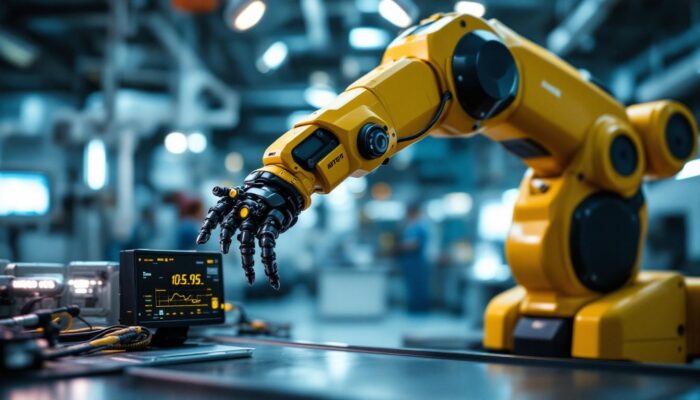 A photograph of capture a photograph of a state-of-the-art industrial robotic arm in action within a medical setting