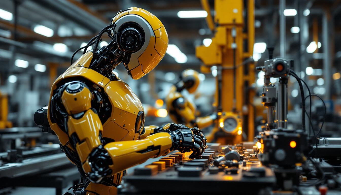 A photograph of a sleek industrial robot in action within a modern manufacturing environment
