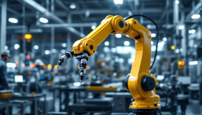 A photograph of a sleek industrial robotic arm in action within a modern manufacturing facility