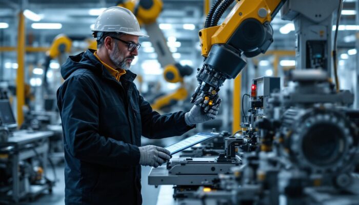 A photograph of a senior engineer in a modern industrial setting
