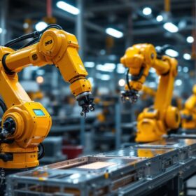 A photograph of a dynamic scene featuring industrial robots in action within a seattle-based manufacturing facility
