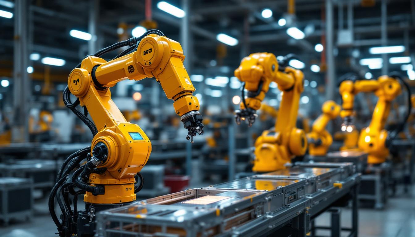 A photograph of a dynamic scene featuring industrial robots in action within a seattle-based manufacturing facility