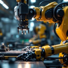 A photograph of a modern industrial robot in action