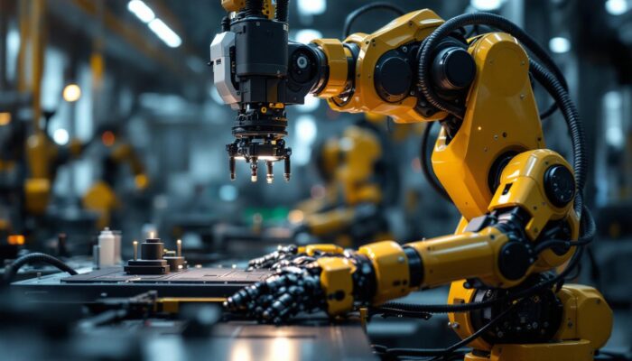 A photograph of a modern industrial robot in action
