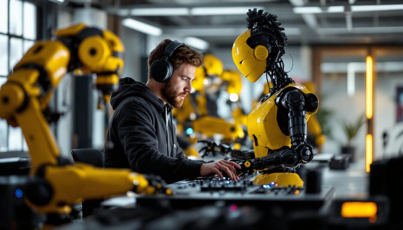 A photograph of a skilled sound designer working in a modern studio surrounded by industrial robots