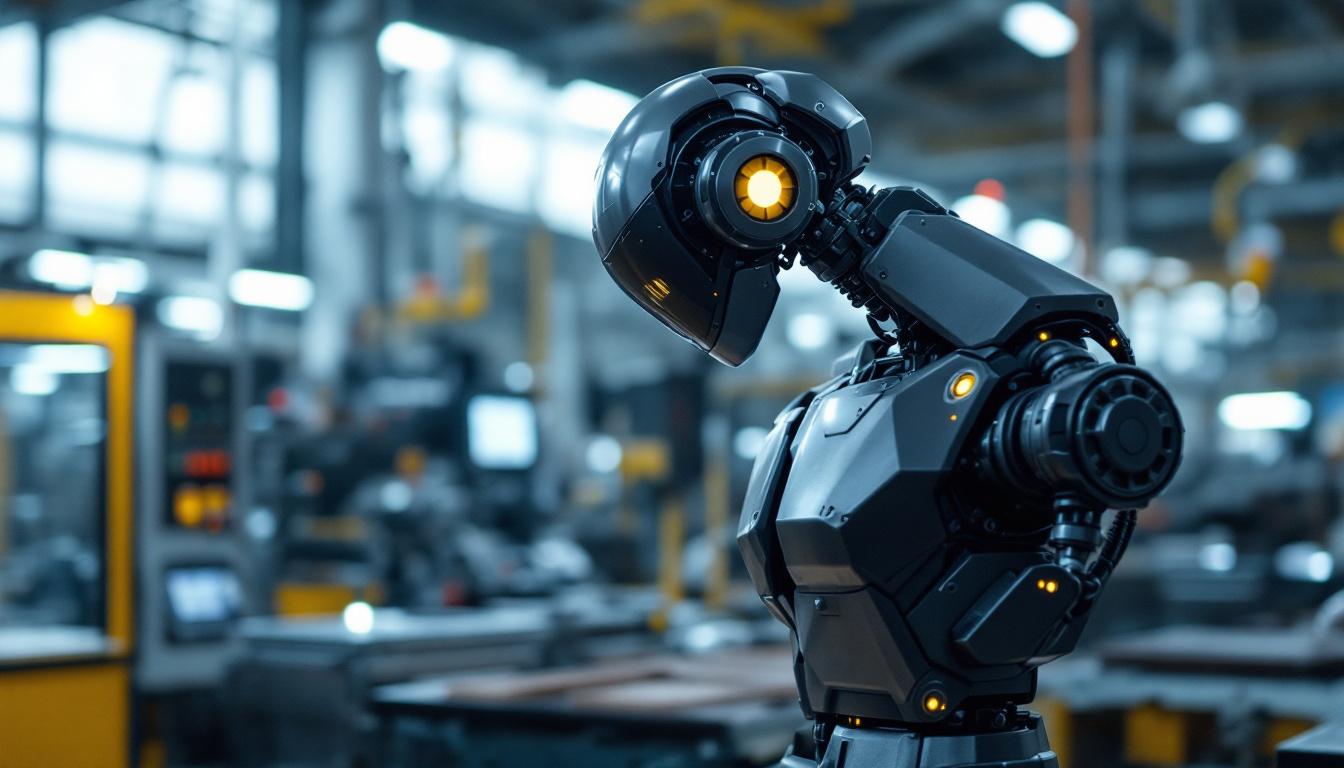 A photograph of a sleek industrial robot in action within a modern manufacturing environment