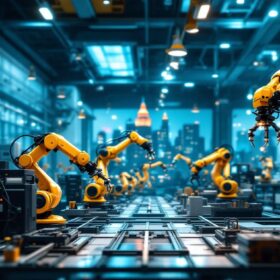 A photograph of a bustling boston manufacturing facility showcasing industrial robots in action