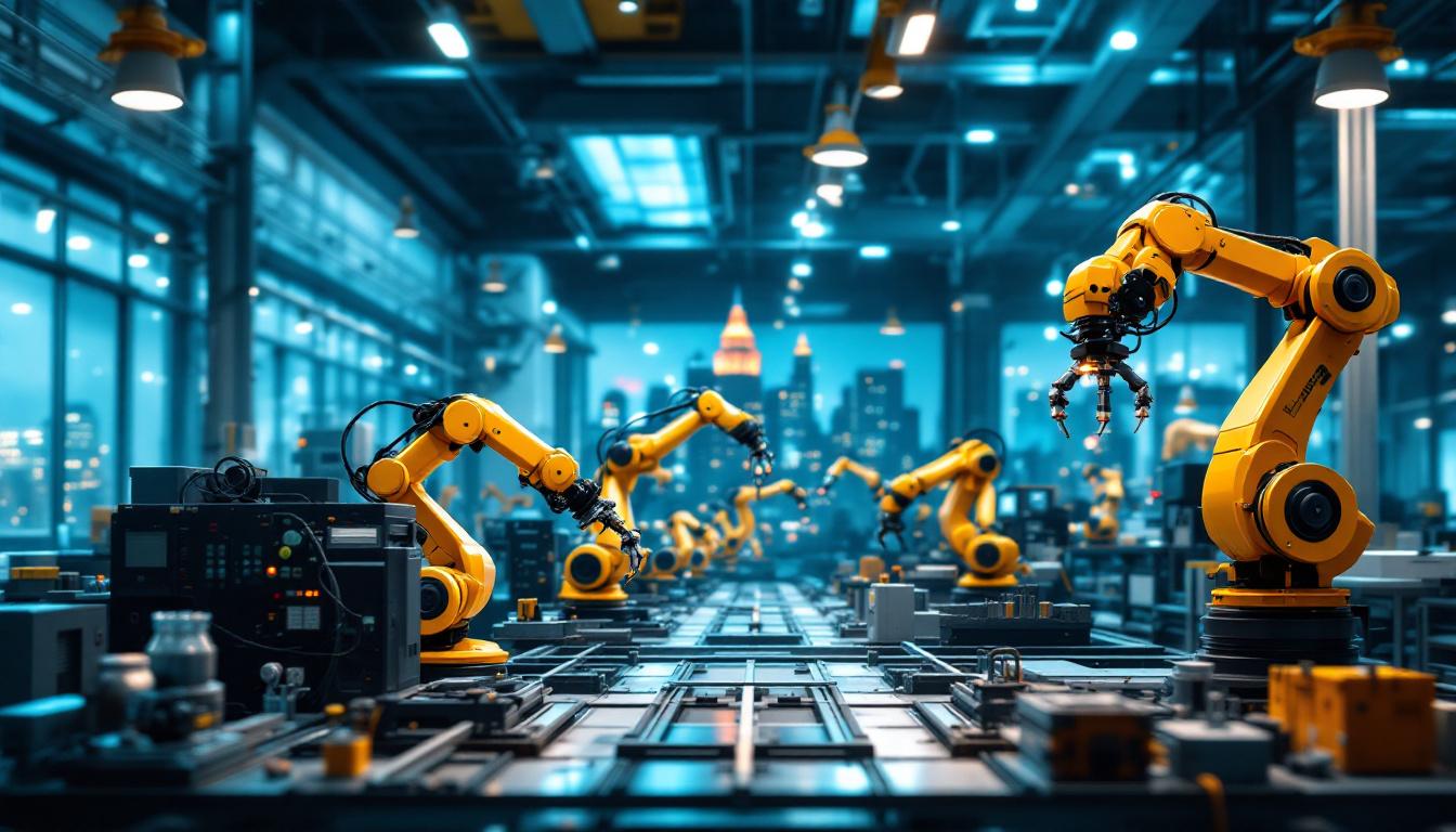 A photograph of a bustling boston manufacturing facility showcasing industrial robots in action