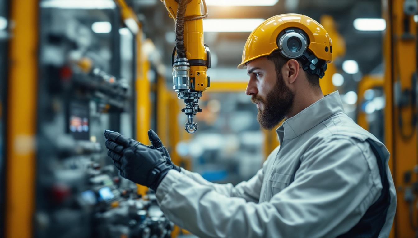 A photograph of a skilled technician programming or operating an industrial robotic arm in a modern manufacturing environment