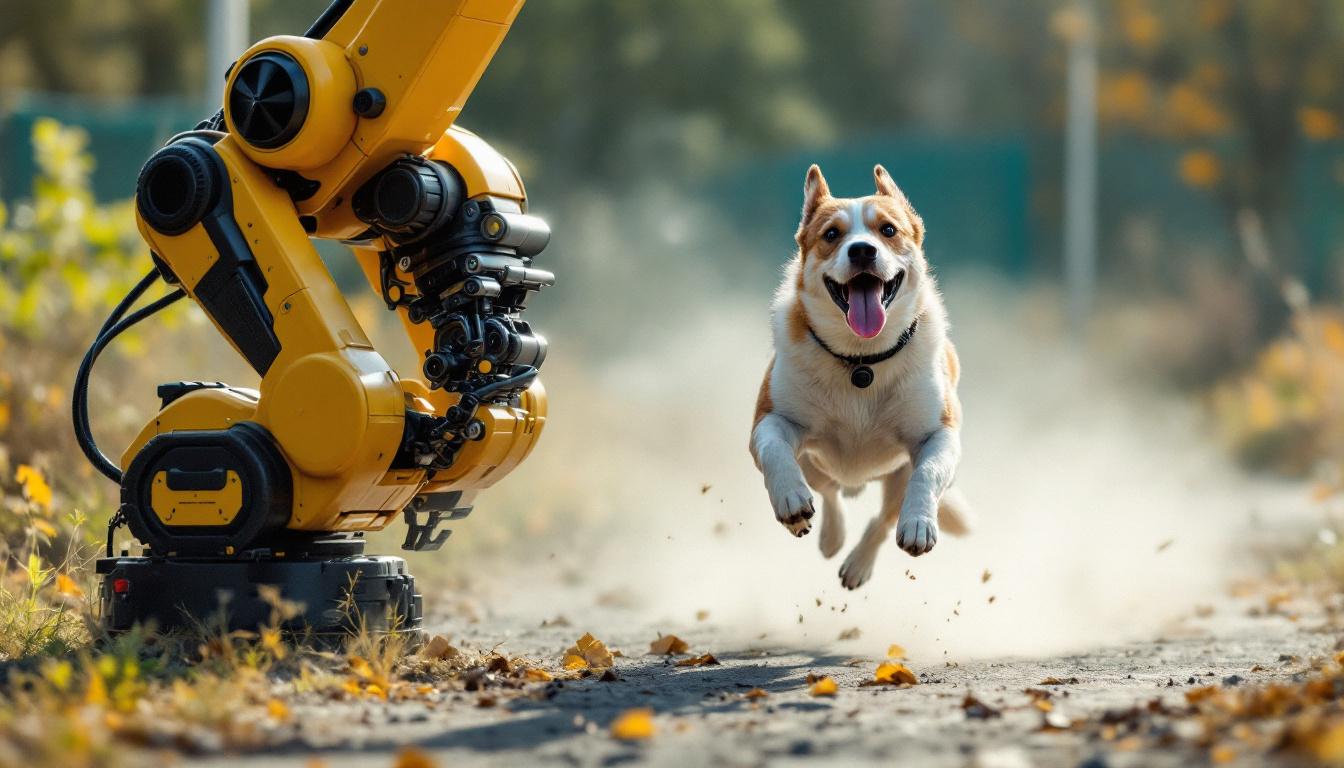 A photograph of a dynamic scene showcasing a dog in mid-action