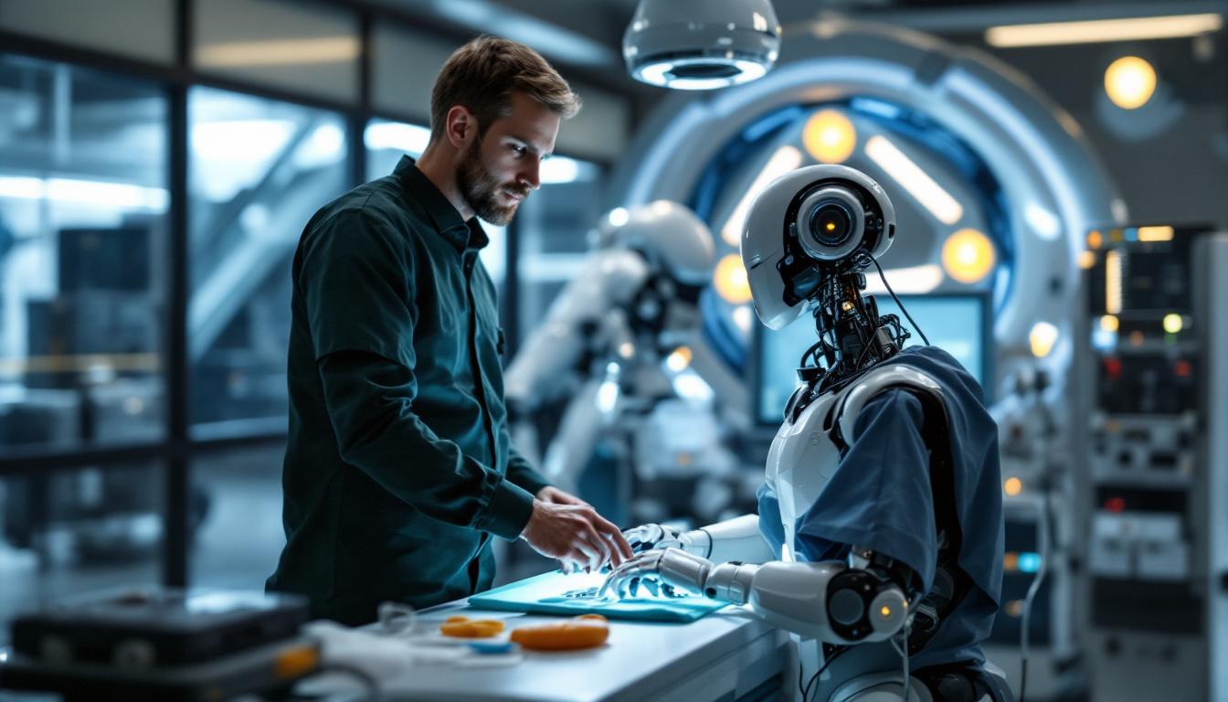 A photograph of a dynamic medical sales representative engaging with a robotic surgical system in a modern hospital setting
