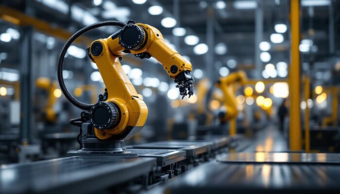 A photograph of a sleek industrial robotic arm in action within a modern manufacturing facility