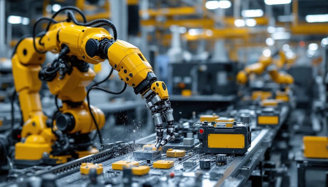 A photograph of a dynamic industrial robot in action within a manufacturing setting