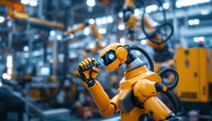 A photograph of a modern industrial robot in action