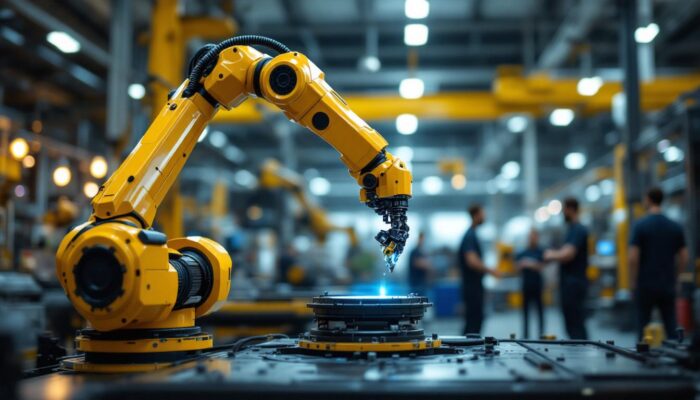 A photograph of a dynamic industrial robotic arm in action