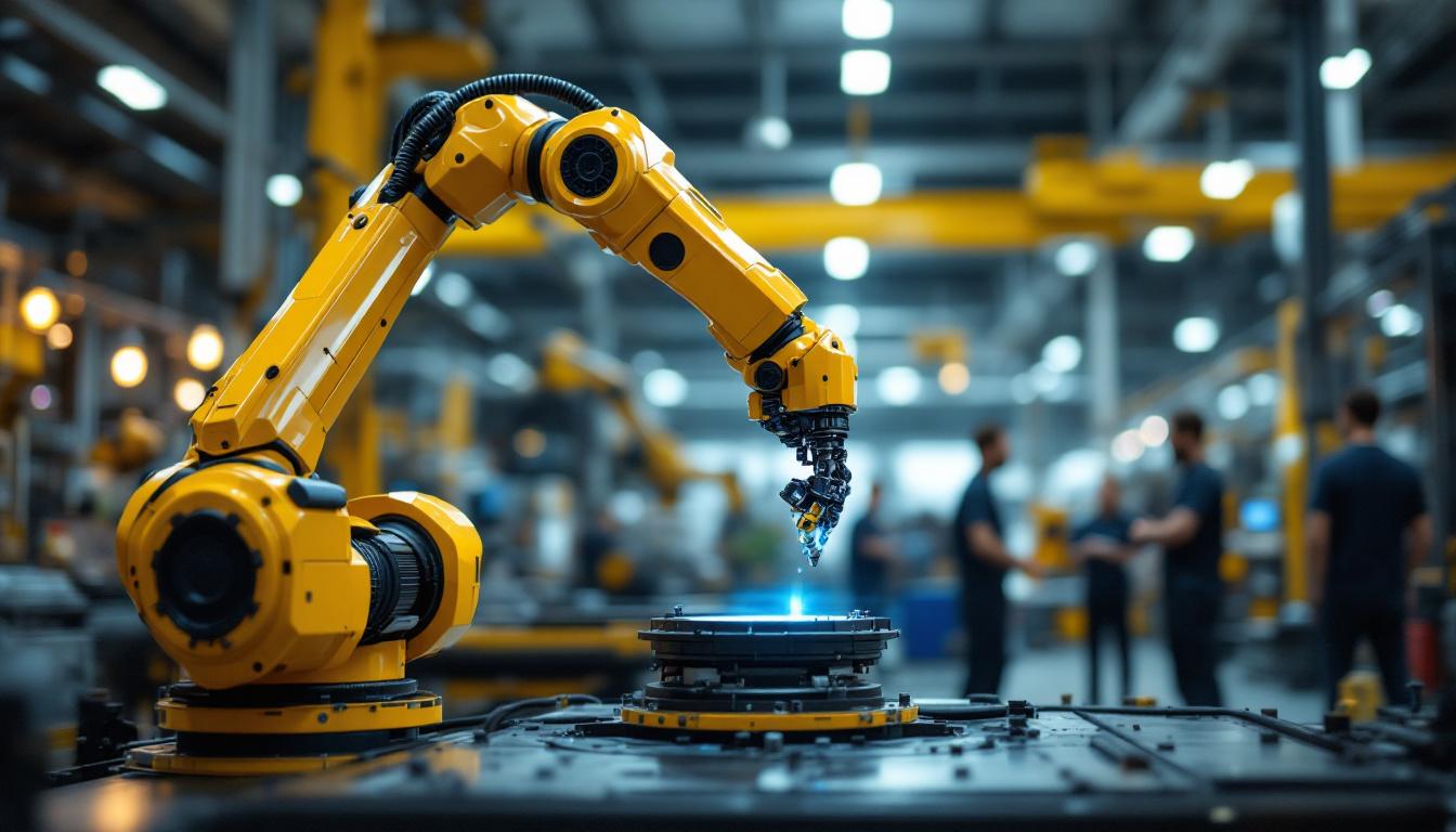 A photograph of a dynamic industrial robotic arm in action