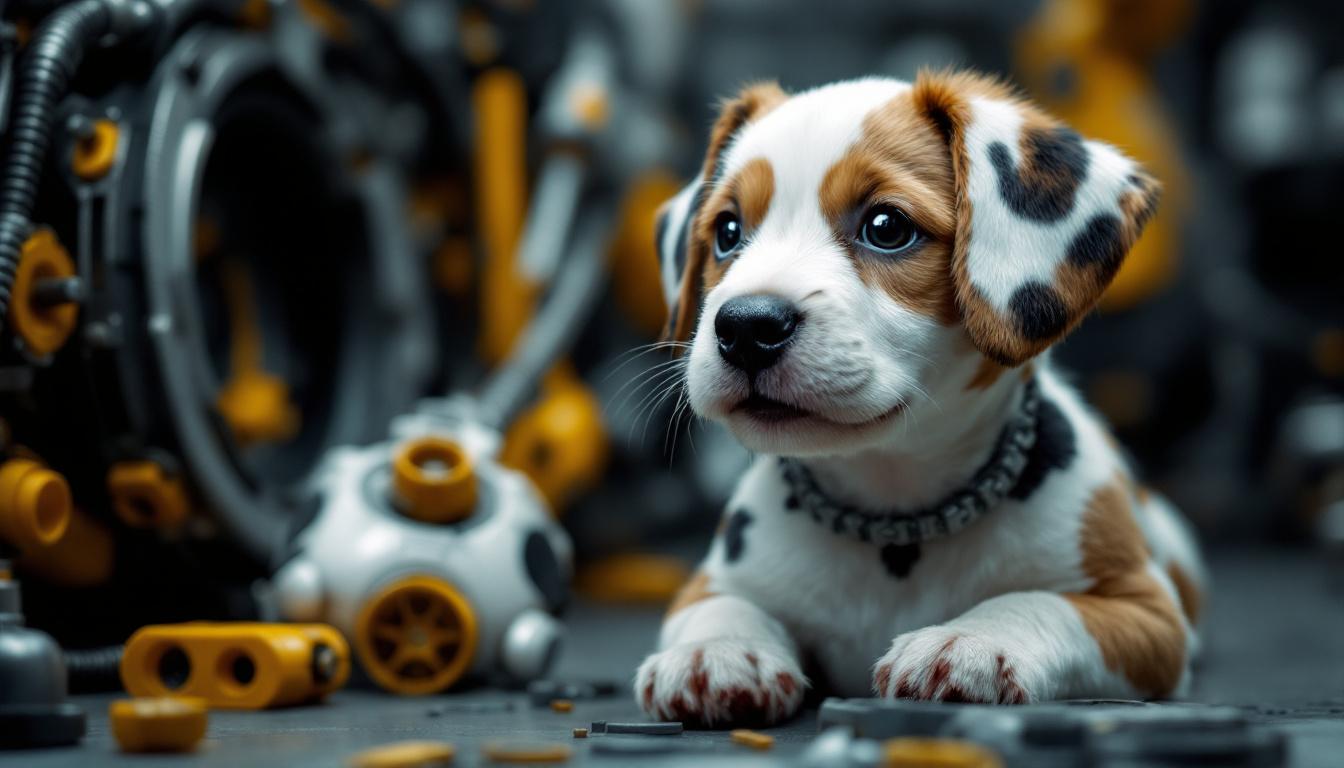A photograph of a playful dog with distinctive spots