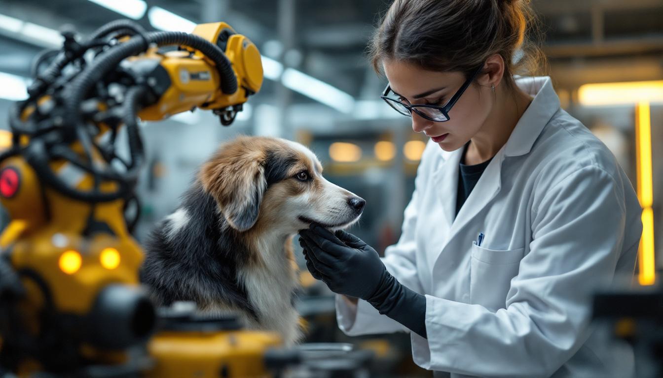 A photograph of a skilled technician working alongside a robotic arm in a modern lab setting