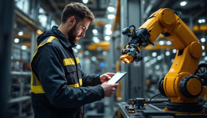 A photograph of a skilled technician demonstrating the use of a dot safety kit while interacting with an industrial robot in a well-lit
