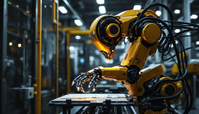 A photograph of a sleek industrial robot in action within a manufacturing environment