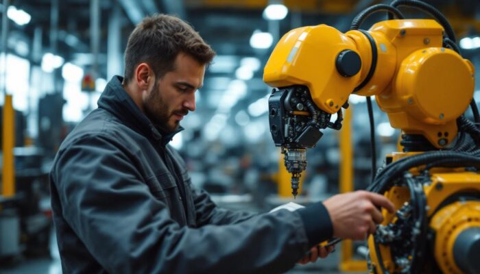 A photograph of a skilled electrical engineer working on an industrial robot in a modern manufacturing facility