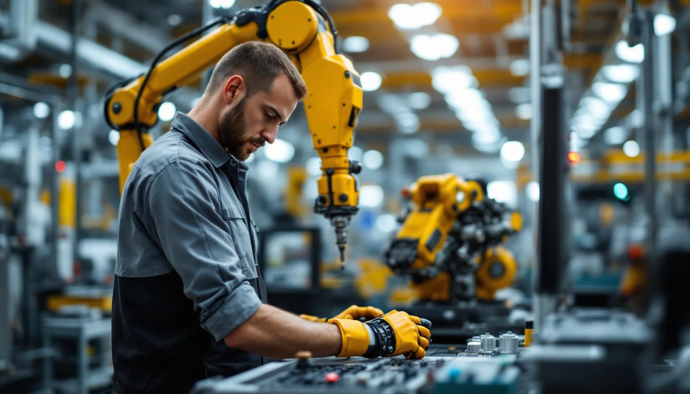 A photograph of a skilled automation equipment operator working alongside an industrial robot in a modern manufacturing setting