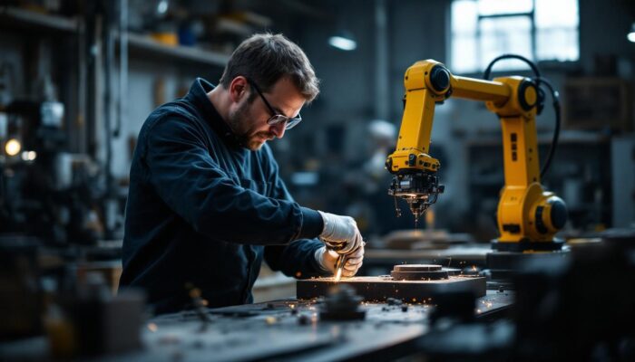 A photograph of a skilled artisan using an industrial robot to create a cane
