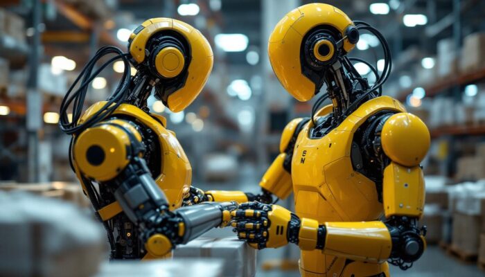 A photograph of a sleek industrial robot in action