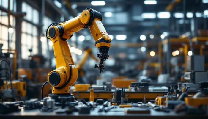 A photograph of a sleek industrial robotic arm conducting a rent check inspection in a modern warehouse setting
