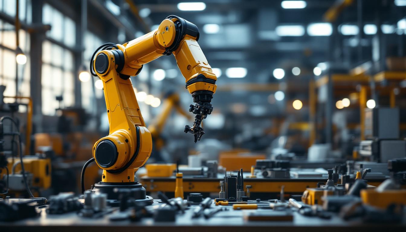 A photograph of a sleek industrial robotic arm conducting a rent check inspection in a modern warehouse setting