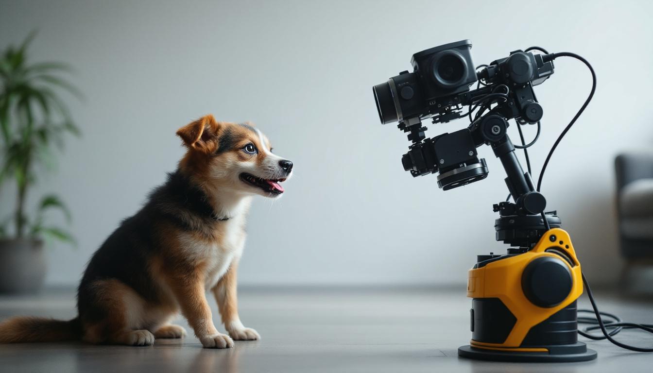 A photograph of a playful pet interacting with an industrial robotic camera system