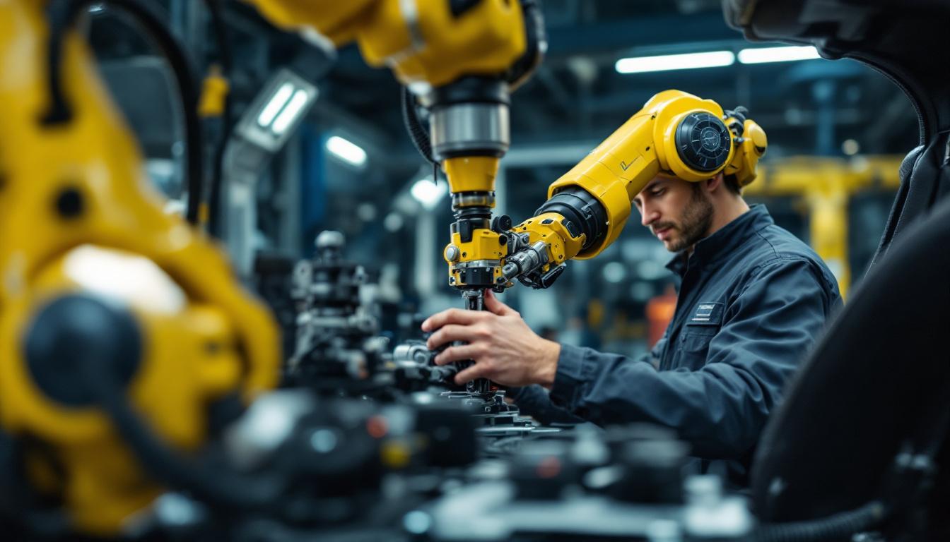 A photograph of a skilled technician conducting a walk-in car inspection using an industrial robotic arm
