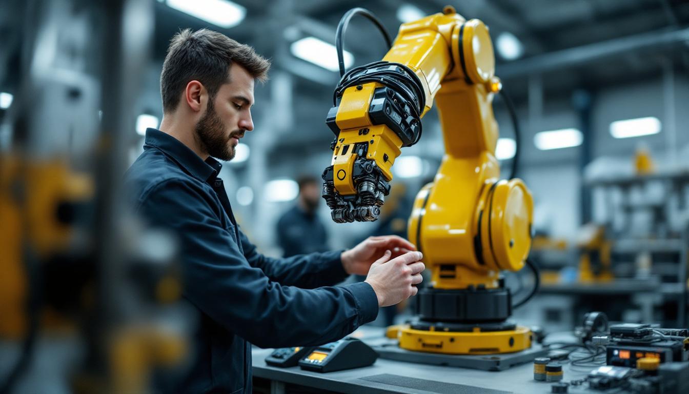 A photograph of a boston scientific employee engaging with an industrial robotic system in a modern