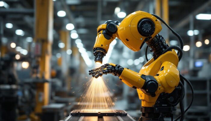 A photograph of a dynamic industrial robot in action within a boston manufacturing setting