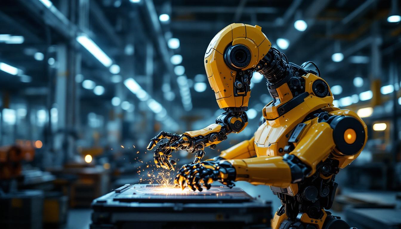 A photograph of a sleek industrial robot in action within a manufacturing environment