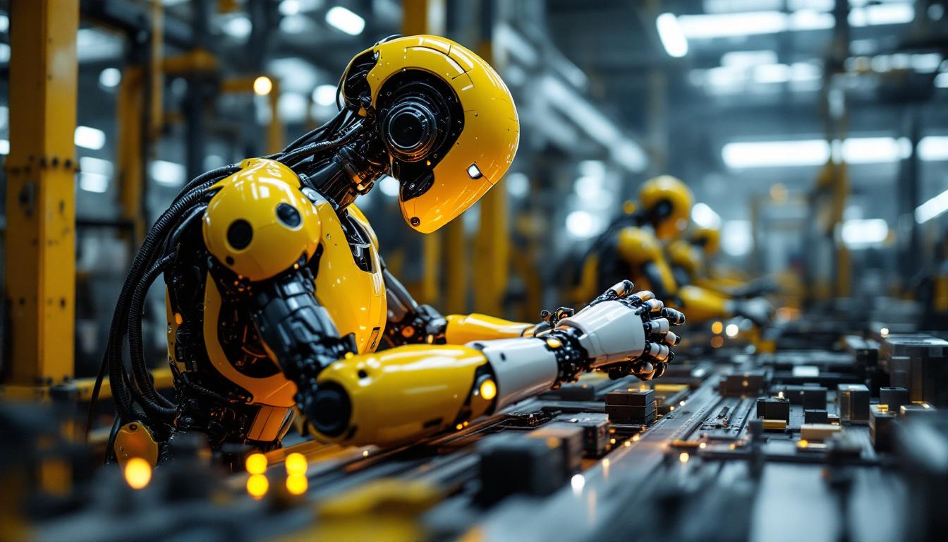 A photograph of a sleek industrial robot in action within a modern manufacturing environment