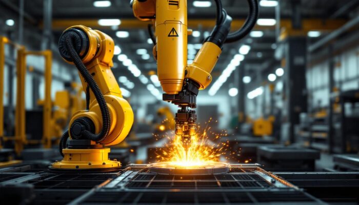 A photograph of a dynamic industrial robotic arm in action