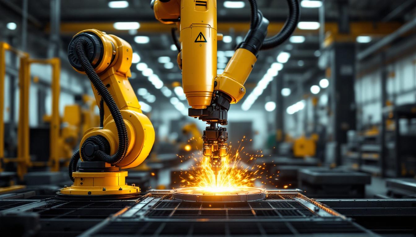 A photograph of a dynamic industrial robotic arm in action