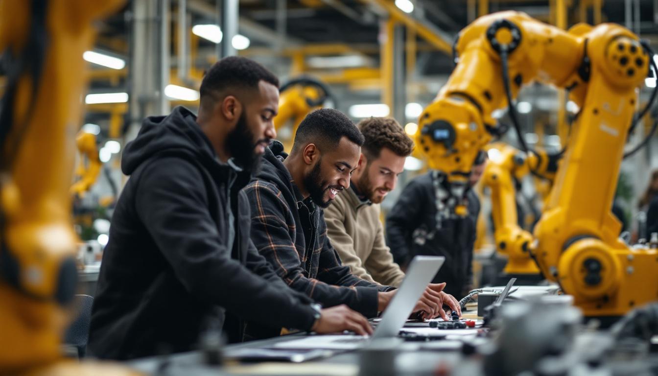 A photograph of a diverse group of people interacting with industrial robots in a dynamic workspace