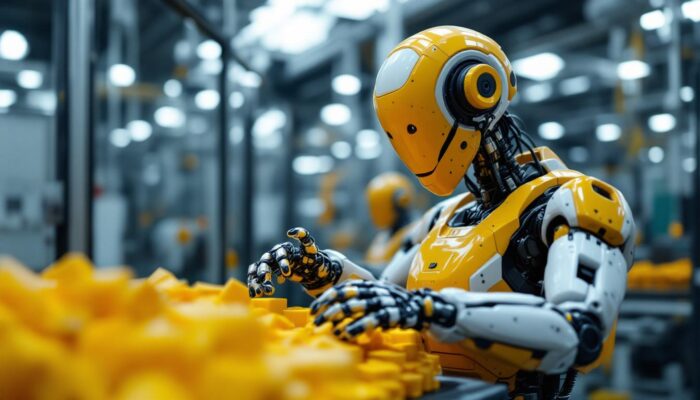 A photograph of a dynamic industrial robot in action within a manufacturing environment