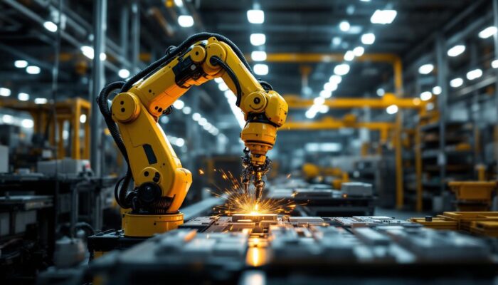 A photograph of a dynamic industrial setting featuring a robotic arm in action