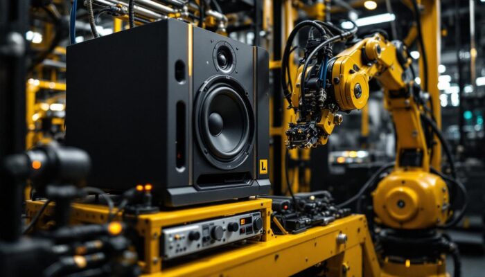 A photograph of a sleek l-acoustics speaker system integrated into an industrial robotic setup