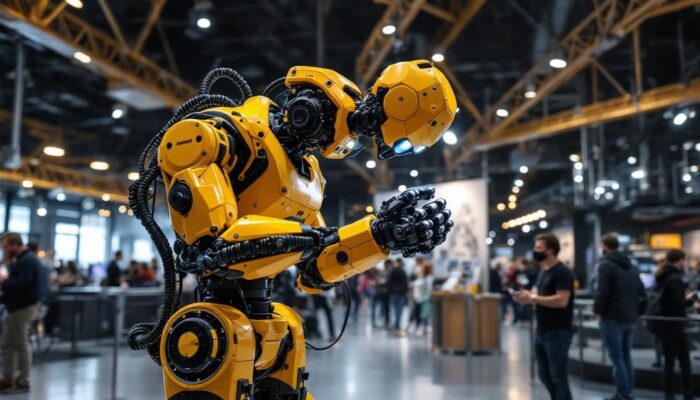 A photograph of a dynamic industrial robot in action at the museum of science and industry