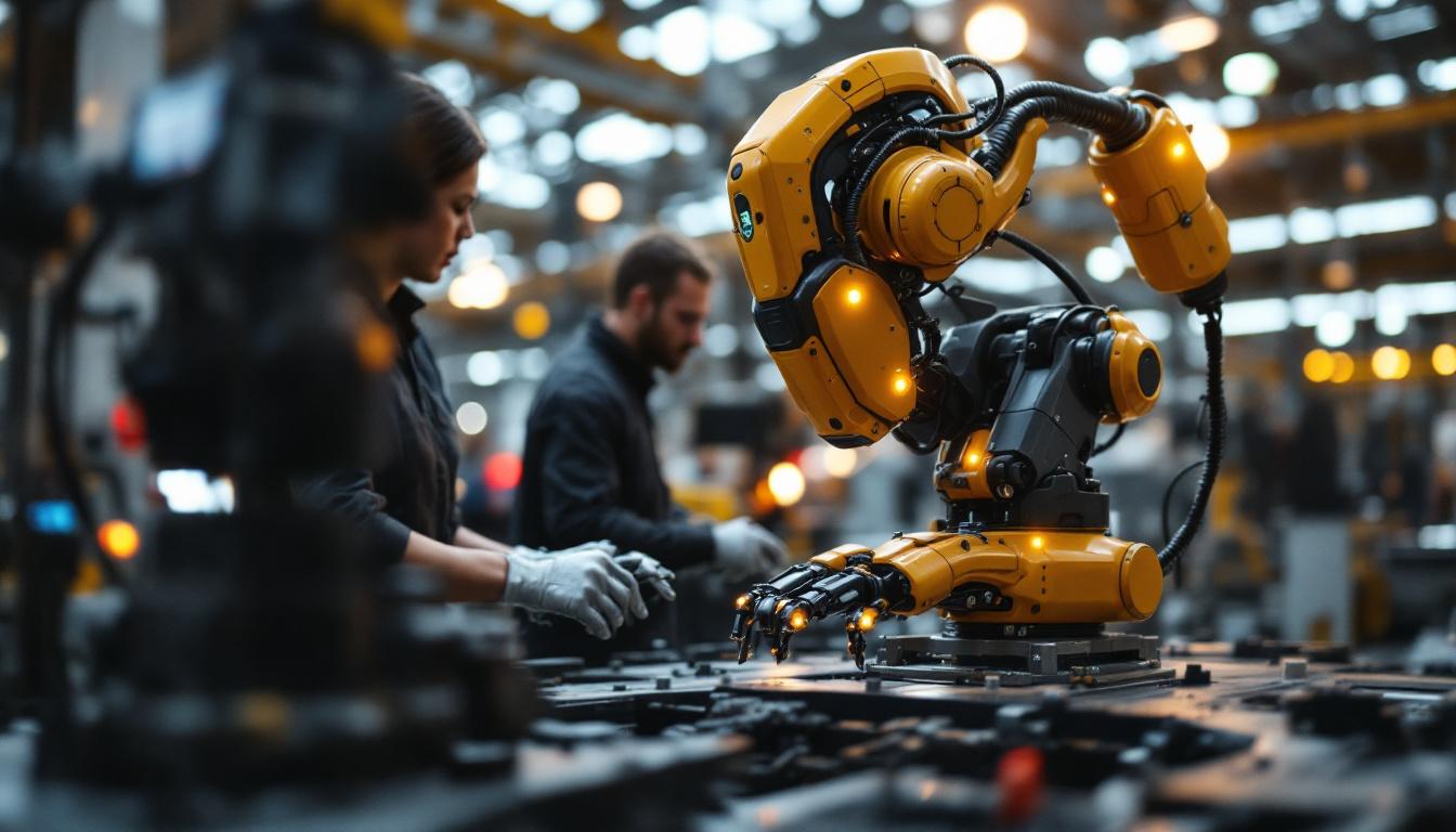 A photograph of a sleek industrial robot in action within a boston manufacturing setting