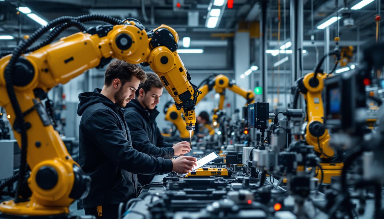 A photograph of a dynamic industrial robotics lab at boston university