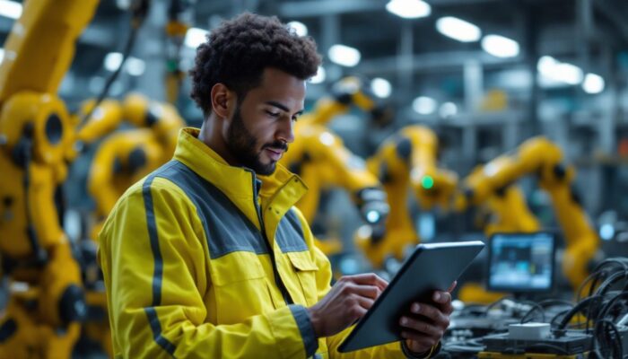A photograph of a skilled technician configuring a wi-fi network on a tablet or laptop