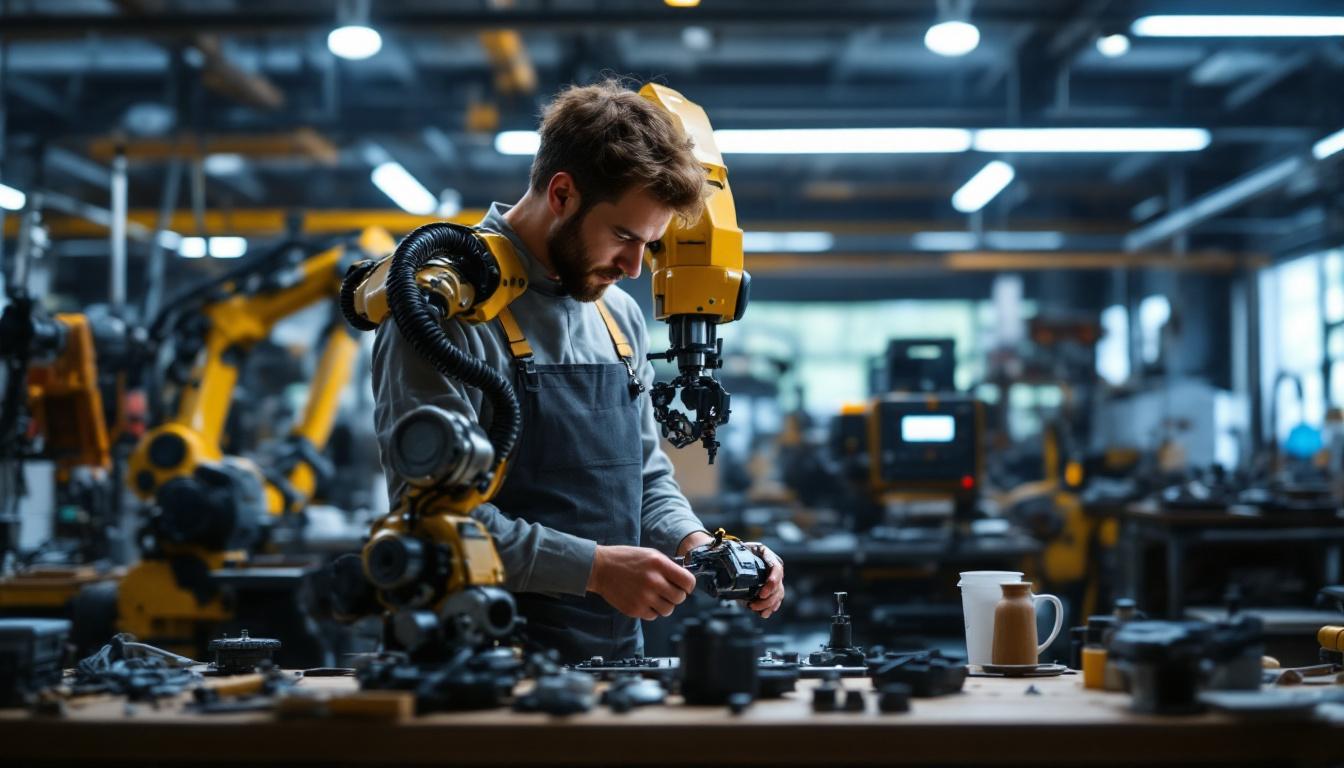A photograph of a skilled maker operating an industrial robot in a well-lit workshop